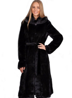 Hooded Knee-length Straight Faux Fur Coat