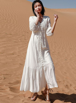 Bohemian V-neck Drawstring Beach Maxi Dress