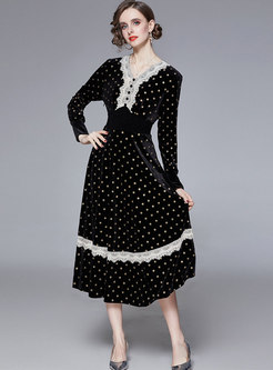 Polka Dot Lace Patchwork Velvet Midi Dress