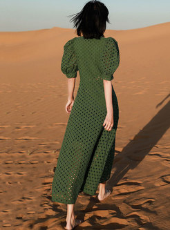 V-neck Puff Sleeve Openwork Beach Maxi Dress
