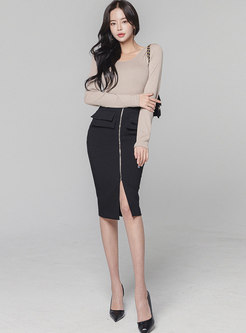 Pullover Back Openwork Sheath Skirt Suits