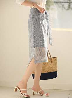 High Waisted Lace Openwork Straight Skirt