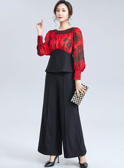 Crew Neck Print High Waisted Wide Leg Pant Suits