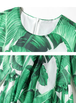 Long Sleeve Print Big Hem Chiffon Beach Dress
