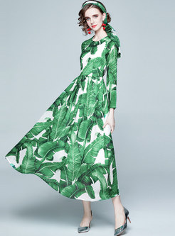 Long Sleeve Print Big Hem Chiffon Beach Dress
