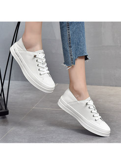 Rounded Toe PU Lace-up Casual Flats