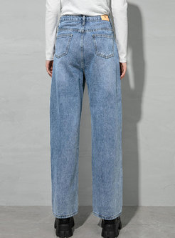 High Waisted Washed Denim Straight Pants