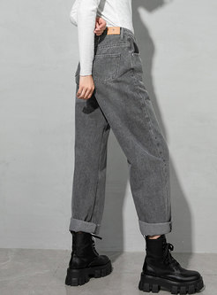 High Waisted Washed Denim Straight Pants