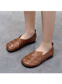 Rounded Toe Weave Leather Non-slip Loafers