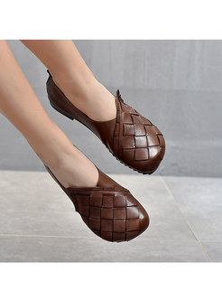 Rounded Toe Weave Leather Non-slip Loafers