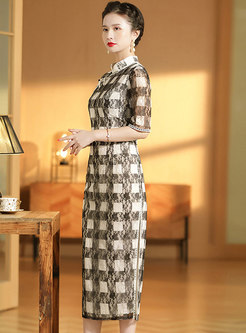 Mandarin Collar Half Sleeve Plaid Cheongsam Dress
