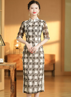 Mandarin Collar Half Sleeve Plaid Cheongsam Dress