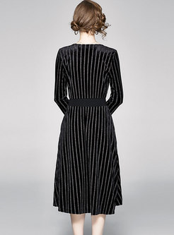 V-neck Striped Velvet A Line Midi Dress