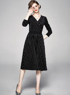 V-neck Striped Velvet A Line Midi Dress