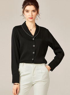 Lapel Single-breasted Silk Solid Blouse