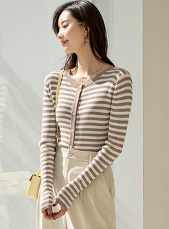Crew Neck Striped Single-breasted Cardigan