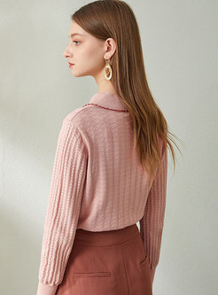 Sweet Pink Lapel Pullover Slim Sweater