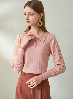 Sweet Pink Lapel Pullover Slim Sweater
