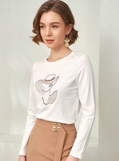 Crew Neck Pullover Embroidered Beaded T-shirt