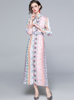 Puff Sleeve Print Stripe A Line Maxi Dress
