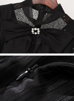 Black Transparent Sequin Bowknot Skater Mini Dress