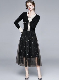 V-neck Color-blocked Cardigan & Mesh Sequin Skirt
