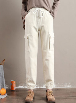 High Waisted Ankle-tied Corduroy Cargo Pants