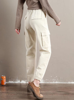 High Waisted Ankle-tied Corduroy Cargo Pants