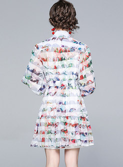 Mock Neck Lantern Sleeve Print A Line Dress