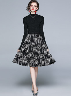 Black Long Sleeve Print Knee-length Skirt Suits