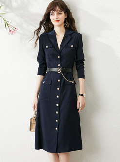 Notched Single-breasted Belted Midi Dress