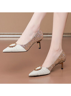 Pointed Toe Sequin Patchwork Low-fronted Heels