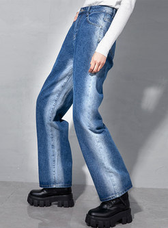 High Waisted Straight Washed Denim Pants