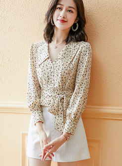 Long Sleeve Floral Pullover Bowknot Blouse