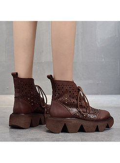 Rounded Toe Lace-up Openwork Platform Ankle Boots