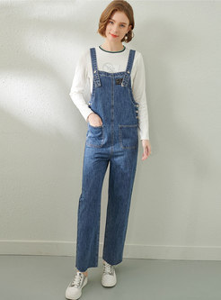 High Waisted Denim Straight Overalls With Pockets