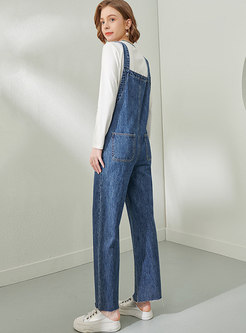 High Waisted Denim Straight Overalls With Pockets