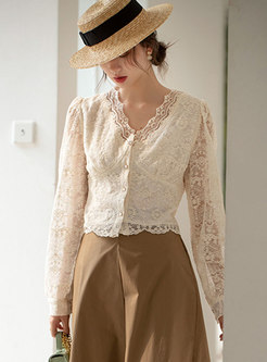 V-neck Single-breasted Lace Cropped Blouse