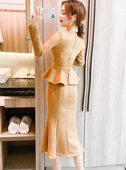 V-neck Ruffle Belted Slim Peplum Skirt Suits