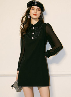 Lapel Long Sleeve Jacquard Slim Mini Dress