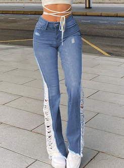 High Waisted Ripped Flare Denim Pants