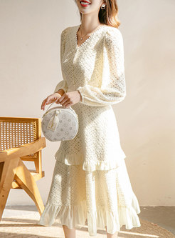 Long Sleeve Lace Patchwork A Line Midi Dress
