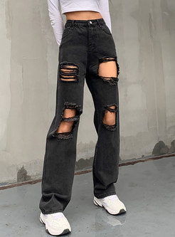 High Waisted Ripped Straight Denim Pants