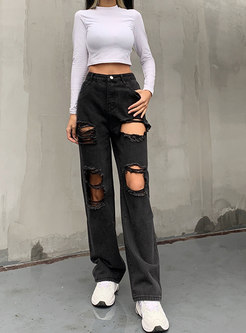 High Waisted Ripped Straight Denim Pants