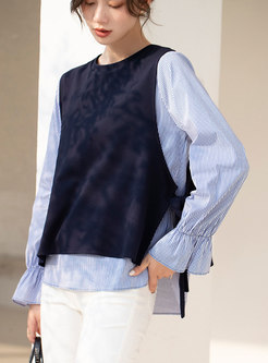 Crew Neck Stripe Patchwork Knitted Blouse