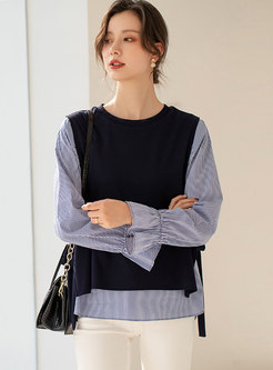 Crew Neck Stripe Patchwork Knitted Blouse