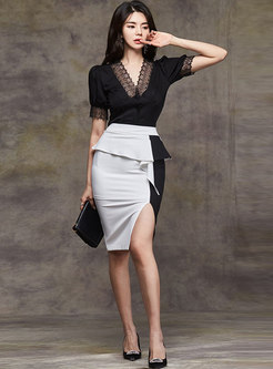 Color-blocked Ruffle Blouse & Split Pencil Skirt