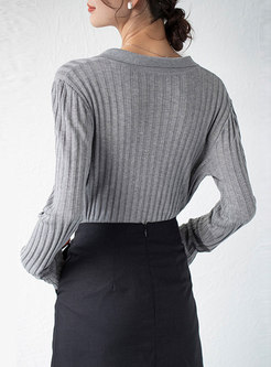 Solid V-neck Ribbed Pullover Slim Sweater