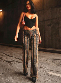 High Waisted Stripe Fringed Straight Pants