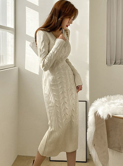 V-neck Long Sleeve Cable-knit Sweater Dress